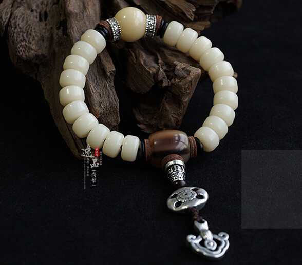 Natural 9MM or 11MM White Jade Bodhi Buddha Bracelet With Tibetan Silver Charms